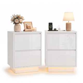 Easoger Nightstand Set of 2 with LED Lights, 2 Drawers & USB Ports, Modern End Tables for Bedroom Living Room, White