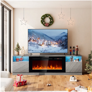Easoger 70” Fireplace TV Stand for TVs up to 80", TV Stand with 36'' Electric Fireplace, LED Lights Entertainment Center, TV Console, Gray