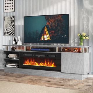 Easoger 70” Fireplace TV Stand, Entertainment Center for TVs up to 80", with 36'' Electric Fireplace, LED Lights Entertainment Center, TV Console,Gray