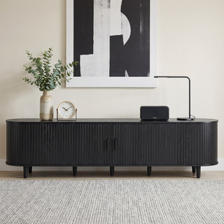 Easoger 80" Curved Oval Sliding Door TV Stand with Built-in Charging Station, Fits Up to 85 Inch TV, Black Wood Grain Media Console for Living Room Bedroom