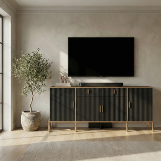 Easoger 60" Sideboard Buffet Cabinet with Gold Accents, Modern Fluted Storage Cabinet for Living Room Dining Room, Adjustable Shelves,Black