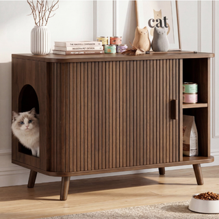 Cat Litter Box Enclosure with Sliding Doors, Wooden Cat Furniture Cabinet with 2 Storage Shelves & Top Table, Kitty-Friendly Round Entry, Hide Messy,Walnut
