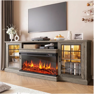 Easoger 80" Fireplace TV Stand with 3-Sided Glass Electric Fireplace, 12 Flame Colors + 12 LED Backlight Colors, Holds TV up to 88", Gray
