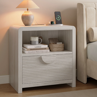 Easoger 1-Drawer Nightstand with Charging Station, Modern Wood Bedside Table with USB Ports & Outlets, Sturdy Slatted Design for Bedroom Living Room, Gray