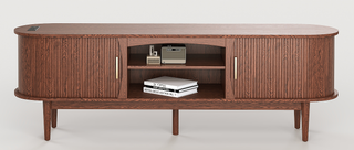 Easoger 80" Mid Century TV Stand for TVs up to 65", Entertainment Center with Power Outlet, USB & Type-C Ports, Fluted Sliding Doors and Adjustable Shelves, Walnut Finish for Living Room