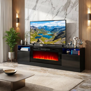 Easoger 70” Fireplace TV Stand for TVs up to 80", TV Stand with 36'' Electric Fireplace, LED Lights Entertainment Center, TV Console, Black