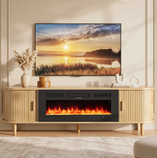 Easoger 70" Fluted Fireplace TV Stand, Mid Century Modern Entertainment Center with 36" Electric Fireplace for TVs up to 75", Console with Sliding Doors & Solid Wood Legs for Living Room,Oak