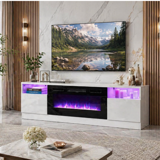 Easoger 70 inch Fireplace TV Stand, White TV Stand with Fireplace for TVs up to 80", 12 LED Colors