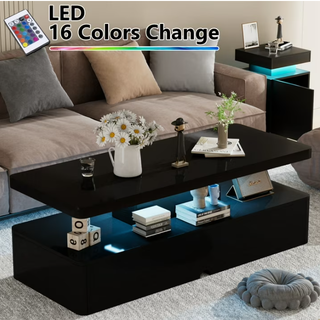 Easoger Modern Stylish Coffee Table with 16 Colors LED Lights, Double-Layer Design for Living Room, Black High Gloss Acrylic