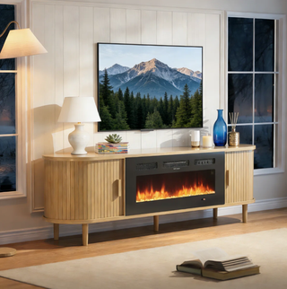 Easoger 70" Fluted Fireplace TV Stand, Mid Century Modern Entertainment Center with 36" Electric Fireplace for TVs up to 75", Console with Sliding Doors & Solid Wood Legs for Living Room,Oak