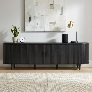 Easoger 70" Sliding Door TV Stand with Charging Station, Fluted Vertical Grille Wood Entertainment Center, Curved Oval Shape Storage Cabinet,Black