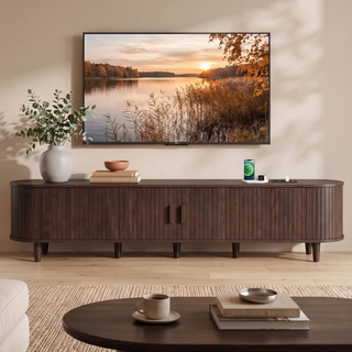 Easoger 80" Curved Oval Sliding Door TV Stand with Built-in Charging Station, Fits Up to 85 Inch TV, Walnut Wood Grain Media Console for Living Room Bedroom
