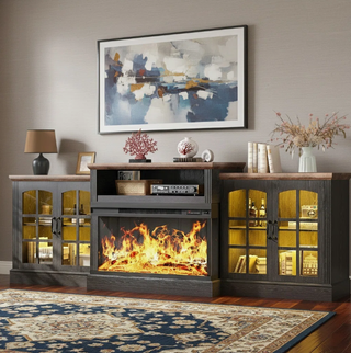 Easoger 97" TV Stand with Electric Fireplace, 3-Sided Glass Display Media Console for Over 100" TVs, Large Storage with Glass Doors & Shelves, LED Backlight, Walnut + Black Oak