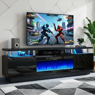 Easoger Fireplace TV Stand, Entertainment Center for TVs up to 80", 70” TV Stand with 36'' Electric Fireplace, LED Lights Entertainment Center, TV Console, Black