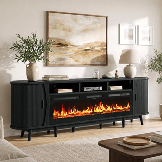 Easoger 97" Mid-Century Modern Fireplace TV Stand with 60" Electric Fireplace, 12 Color Flames & Dual Heat Settings, Large Entertainment Center for TV, Storage Cabinets & Shelves
