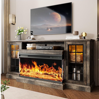 Easoger 36 Inch Fireplace TV Stand for TVs up to 80", LED Light Entertainment Center with 3-Sided Glass Fireplace, TV Console, Gray