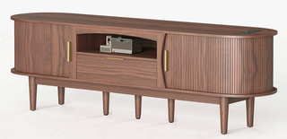 Easoger 86" Sliding Door TV Stand with Charging Station, Fluted Vertical Grille Wood Entertainment Center, Curved Oval Shape Storage Cabinet,Walnut
