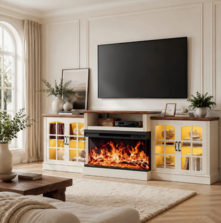Easoger 97" TV Stand with Electric Fireplace, 3-Sided Glass Display Media Console for Over 100" TVs, Large Storage with Glass Doors & Shelves, LED Backlight, White + Light Walnut