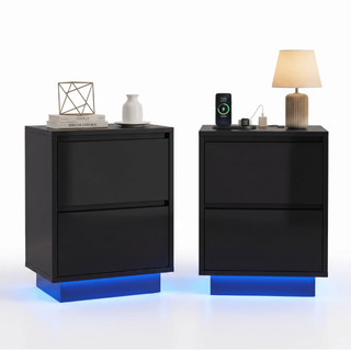 Easoger Nightstand Set of 2 with LED Lights, 2 Drawers & USB Ports, Modern End Tables for Bedroom Living Room, Black