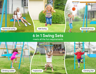 Swing Sets for Outdoor, 6 in 1 Heavy-Duty Metal Swing Sets, Kids Swing Sets for Backyard with with 2 Swings,Trapeze Bar and Basketball Hoop for Aged 3-12