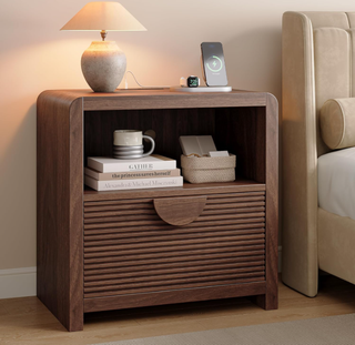Easoger 1-Drawer Nightstand with Charging Station, Modern Wood Bedside Table with USB Ports & Outlets, Sturdy Slatted Design for Bedroom Living Room, Walnut