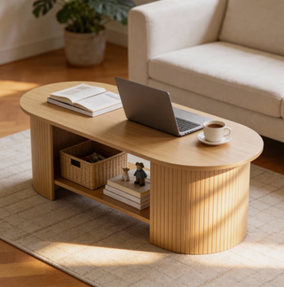 Easoger 42.5" Oval Coffee Table with 2-Tier Storage, Mid-Century Modern Center Table with Fluted Pedestal Base, Wooden Side Table for Living Room, Home Office,Oak