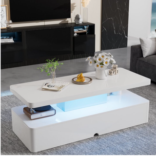 Easoger Modern Stylish Coffee Table with 16 Colors LED Lights, Double-Layer Design for Living Room, White High Gloss Acrylic