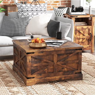 Easoger Farmhouse Storage Square MDF Coffee Table with Metal Corners, Brown