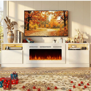 Easoger 90” Fireplace TV Stand for TVs up to 98", TV Stand with 36'' Electric Fireplace, LED Lights Entertainment Center, TV Console, White