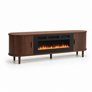 Easoger 70" Fluted Fireplace TV Stand, Mid Century Modern Entertainment Center with 36" Electric Fireplace for TVs up to 75", Media Console with Sliding Doors & Solid Wood Legs for Living Room.Walnut