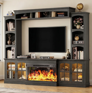 Easoger 98" Wall Unit Entertainment Center with 3-Sided Electric Fireplace, Farmhouse TV Stand for TVs Up to 70", Large Storage with Glass Doors & Shelves, Black