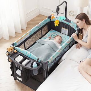 EVMORE Foldable Baby Bedside Bassinet, 5-in-1 Baby Bed Playard with Changing Table, Storage Shelf, Music for Newborn Toddlers, 0-36 Months