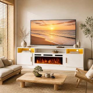 Easoger 80" Fireplace TV Stand, Gaming Media Console with 12 Color LED Backlights & 3 Outlets, Storage Shelves & Cabinets, White