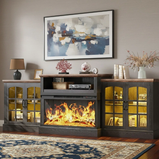 Easoger 97" TV Stand with Electric Fireplace, 3-Sided Glass Display Media Console for Over 100" TVs, Large Storage with Glass Doors & Shelves, LED Backlight, Walnut + Black Oak