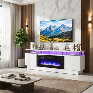 Easoger Fireplace TV Stand, Entertainment Center for TVs up to 80", 70” TV Stand with 36'' Electric Fireplace, LED Lights Entertainment Center, TV Console, White