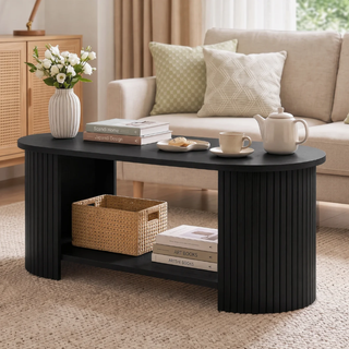 Easoger 47" Oval Coffee Table with 2-Tier Storage, Mid-Century Modern Center Table with Fluted Pedestal Base, Wooden Side Table for Living Room, Home Office