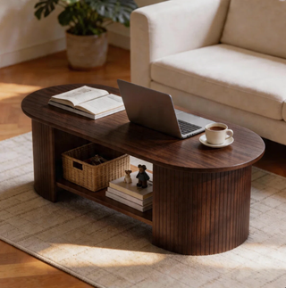 Easoger 42.5" Oval Coffee Table with 2-Tier Storage, Mid-Century Modern Center Table with Fluted Pedestal Base, Wooden Side Table for Living Room, Home Office,Walnut