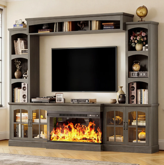 Easoger 98" Wall Unit Entertainment Center with 3-Sided Electric Fireplace, Farmhouse TV Stand for TVs Up to 70", Large Storage with Glass Doors & Shelves, Gray