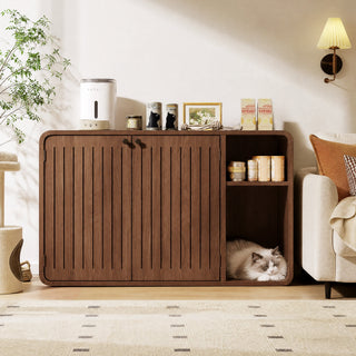 Easoger Cat Litter Box Enclosure with Side Entry, Wooden Litter Box Cabinet with Arched Door & Ventilation, Multifunctional End Table for Living Room, Bedroom, Brown