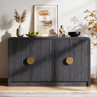 Easoger 55" Fluted Buffet Sideboard Cabinet, Modern Mid Century Console Cabinet with Adjustable Shelves & Wavy Grain Doors for Living Room, Black Walnut