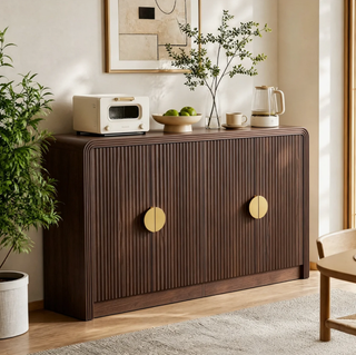 Easoger 55" Fluted Buffet Sideboard Cabinet, Mid-Century Modern Walnut Credenza Console with Adjustable Shelves, Wavy Grain Doors & Anti-Tip for Dining Room, Living Room, Entryway