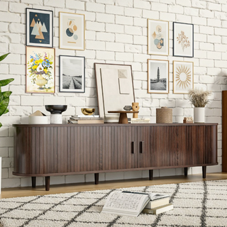 Easoger 70" Sliding Door TV Stand with Charging Station, Fluted Vertical Grille Wood Entertainment Center, Curved Oval Shape Storage Cabinet,Brown