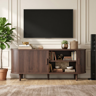 Easoger 58" Sliding Door TV Stand with Charging Station, Fluted Vertical Grille Wood Entertainment Center, Curved Oval Shape Storage Cabinet,Brown