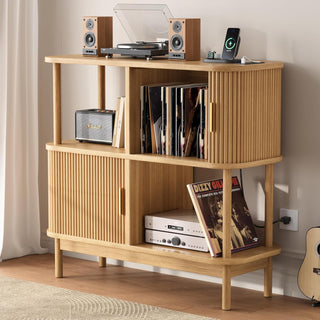 Easoger 40" Record Player Stand with Charging Station, Mid Century Modern Turntable Cabinet with Sliding Doors, Large Vinyl Storage Rack for Living Room Music Corner, Oak