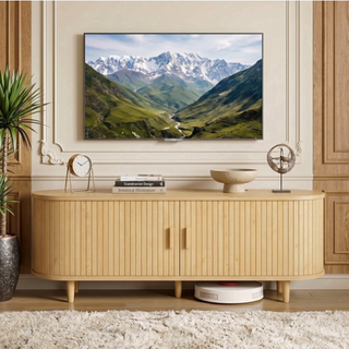 Easoger 58" Sliding Door TV Stand with Charging Station, Fluted Vertical Grille Wood Entertainment Center, Curved Oval Shape Storage Cabinet,Oak