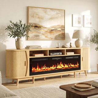 Easoger 97" Mid-Century Modern Fireplace TV Stand with 60" Electric Fireplace, 12 Color Flames & Dual Heat Settings, Large Entertainment Center for TV, Storage Cabinets & Shelves
