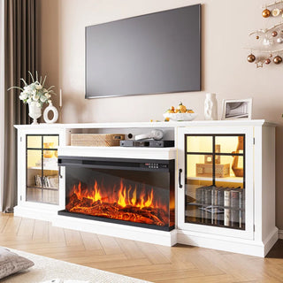 Easoger 80" Fireplace TV Stand with 3-Sided Glass Electric Fireplace, 12 Flame Colors + 12 LED Backlight Colors, Holds TV up to 88", White