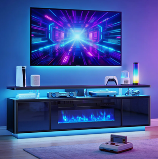 Easoger 70" 2-Tier TV Stand with 36" Electric Fireplace, Modern Entertainment Center with LED Lights & Acrylic Legs, Media Console for TVs up to 80" for Living Room,Black