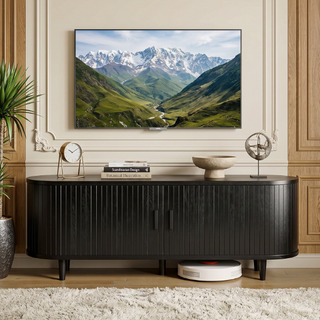 Easoger 58" Sliding Door TV Stand with Charging Station, Fluted Vertical Grille Wood Entertainment Center, Curved Oval Shape Storage Cabinet,Black