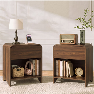 Easoger Set of 2 End Table with Storage Drawer & Open Shelf, 21.65" Modern Minimalist Nightstand with Soft-Close Sliding Drawer, Wooden Side Table for Living Room Bedroom,Walnut
